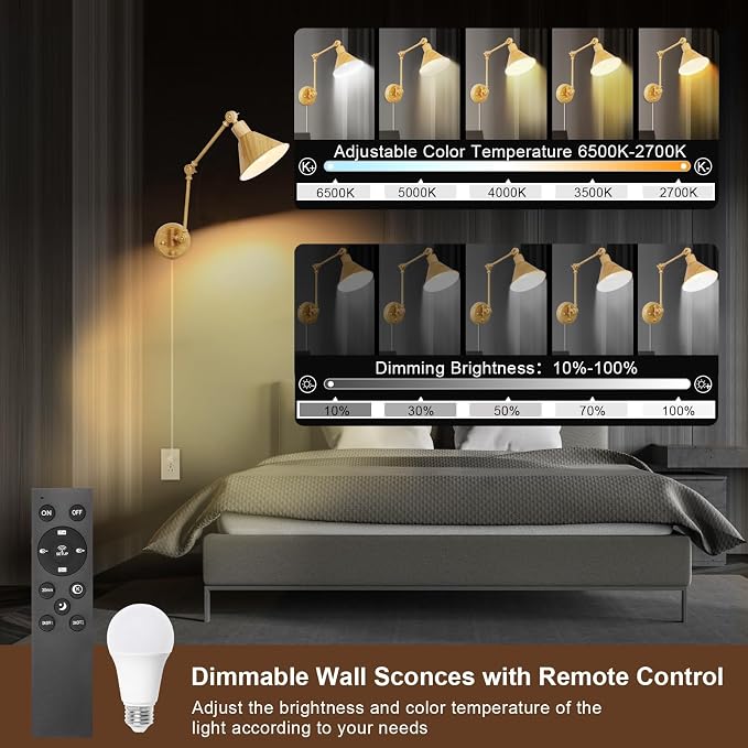 TRLIFE Dimmable Wall Sconce, Remote Control Plug in Wall Sconce Dimming 10%-100% and Adjustable Color Temperature 2700K-6000K, Swing Arm Wall Lights with Plug in Cord, UL Listed(2 Pack, Oak Color)