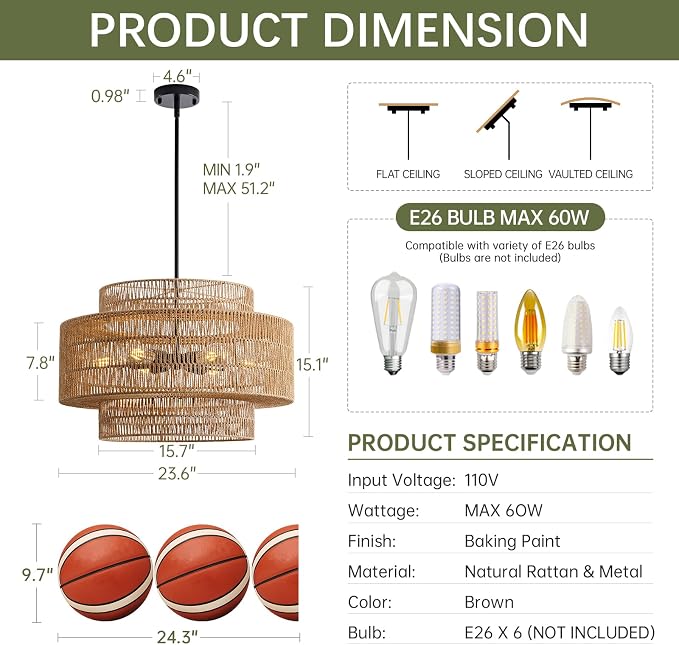 24" Boho Large Rattan Chandelier Light Fixture, 6-Light Large Black Pendant Light Fixture Farmhouse Rustic Chandeliers for Kitchen Bedroom, Dining Room, Living Room, Hallway, Foyer