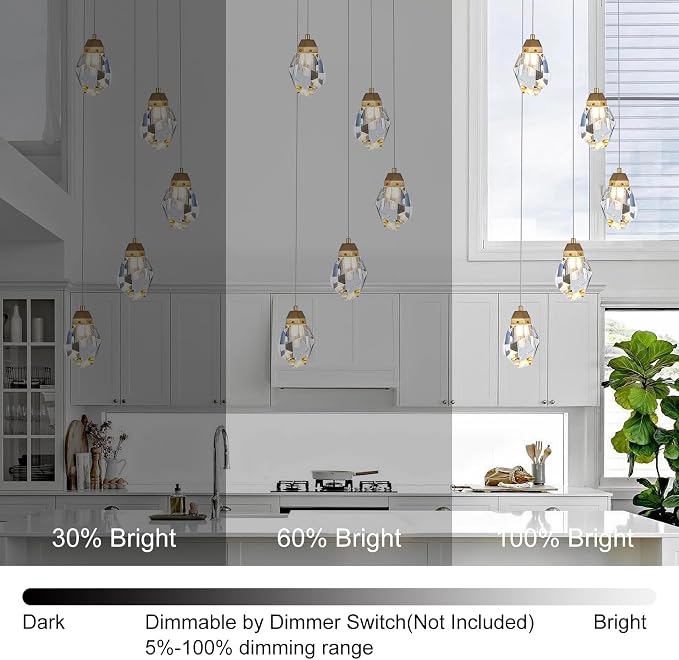 Dimmable Brass Gold Crystal Pendant Light - Modern 5-Light Diamond Chandelier for Kitchen Island, Dining Room, Hallway, and Bathroom