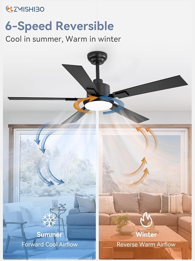 ZMISHIBO 52" Ceiling Fans with Lights for Bedroom, Living Room, Remote | High CFM Powerful Airflow, Quiet DC Motor, 3 CCT LED, Indoor/Covered Outdoor, Dual-Finish, Damp Rated, Black