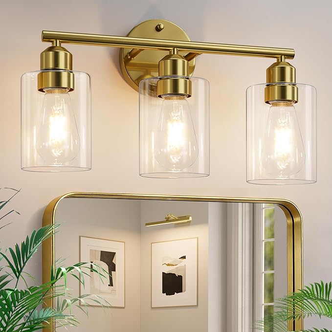 3-Light Bathroom Gold Vanity Light Fixtures,17.3'' | Clear Glass Shade,Modern Wall Lamp for Mirror