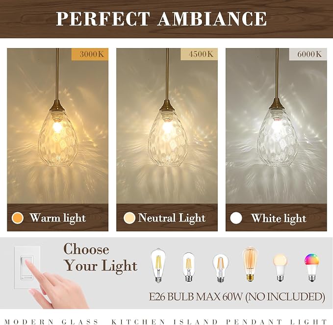 Glass Pendant Lights Kitchen Island, 1-Light Modern Brushed Gold Pendant Light Fixtures with Hammered Glass and Rods, Small Hanging Light for Kitchen Sink Dining Room Bathroom