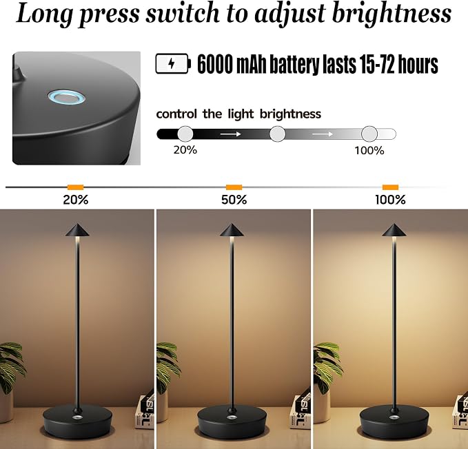 Rechargeable Cordless Table Lamp, Portable Powered LED Battery 6000mAh Metal USB Desk Lamp, 3 Levels Brightness Light for Restaurants Outdoor (Black)
