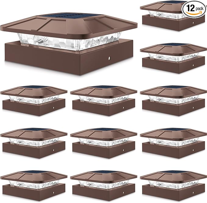 12 Packs 4x4 Brown Solar Post Cap Lights with 3 Lighting Modes | Fence Caps Light Fits 4×4/3.5×3.5 Wood/Vinyl Posts, Waterproof Outdoor Post Top Lighting for Deck Mailbox Porch Railing