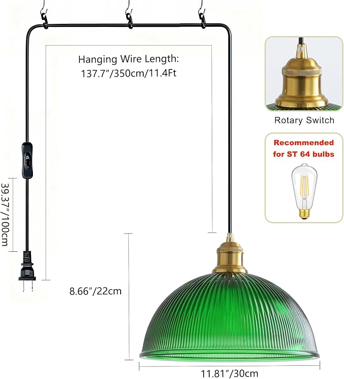 XZHGCEE Plug in Pendant Light: Hanging Light Plug in Green Glass Hanging Lamp, Pendant Lighting for Kitchen Island, Bedroom, Dining Room, Living Room, No Bulb