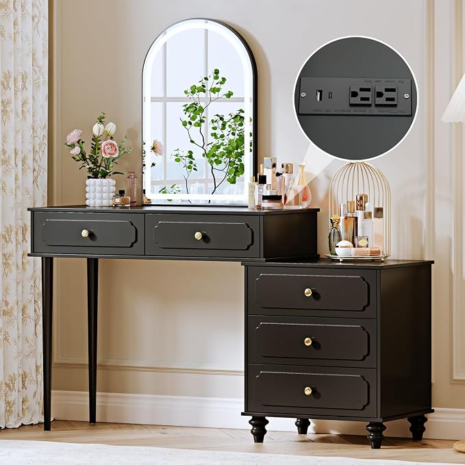 Ieejdn Dark,Vanity Desk with Mirror and Lights,Makeup Vanity with Power Outlet and Adjustable Cabinet,Modern Makeup Table with 3 Drawers for Bedroom Makeup Room