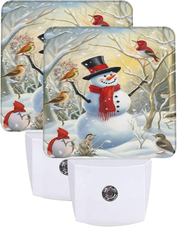 Christmas Snow Night Light Set of 2, Winter Snowman Auto Sensor LED Dusk-to-Dawn Nightlights, Plug-in Sensor Lamp for Bedroom Bathroom Kitchen Hallway Stairs Decorative