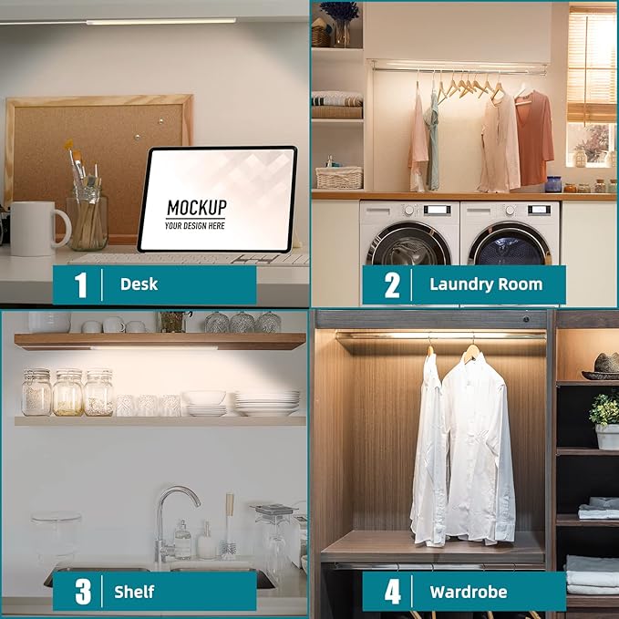 Under Cabinet Lights Plug-in Daylight White 4000K, Dimmable LED Under Cabinet Lighting, 4pcs 12 Inch Under-Counter Light Fixtures with Memory Function, Linkable LED Cabinet Light for Kitchen