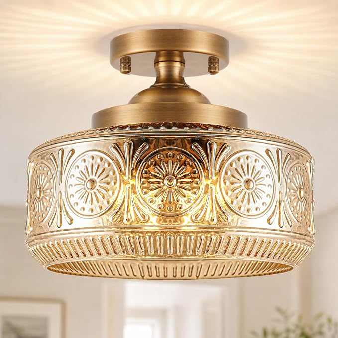 3-Light Semi Flush Mount Ceiling Light, Brushed Antique Brass Vintage Ceiling Light Fixture, Hallway Lighting Fixture with Amber Glass, 12In Bedroom Ceiling Mount Light for Kitchen Bathroom, E12*3