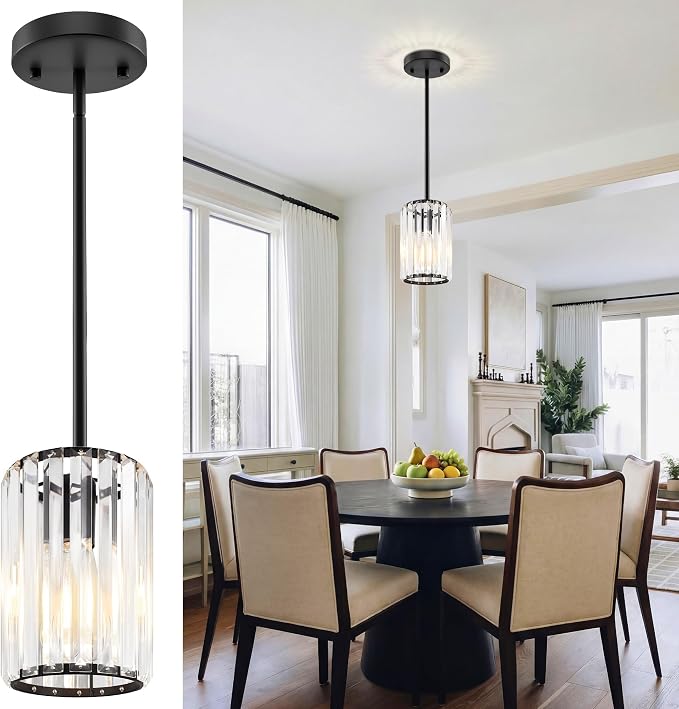 Black Pendant Light, Modern Crystal Pendant Lights Kitchen Island, Kitchen Island Lighting with Adjustable Height, UL Certified Island Lights for Kitchen Dining Room Bedroom Hallway 1 Pack