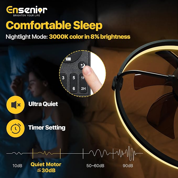 Ensenior 20 Inch Flush Mount Ceiling Fans with Lights, APP Control, Black | Quiet Reversible Motor, Night Light Mode, 6 Speeds, 3CCT, Dimmable, Low Profile, Remote, Memory Function, Timer, Bedroom