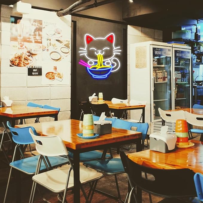 Fortune Cat Ramen Neon Sign for Wall Decor, Japanese Lucky Cat Led Signs for Business, USB Dimmable Cartoon Cat Neon Lights for Noodles Shop Kitchen Home Pub Dinning Room Restaurant Wall Art