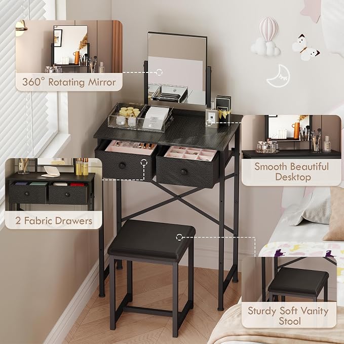 X-cosrack Black Small Vanity Desk with Mirror & Chair, 19.7" W Mini Vanity Desk Table Set with Fabric Storage Drawer for Kids, Girls, Teens, Dressing Table with Chair for Bedroom