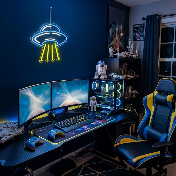 LUCUNSTAR UFO Neon Sign For Room Alien LED Neon Light Spaceship Dimmable Space Neon Signs for Wall Decor Blue UFO Neon Light Up Sign for Bedroom Game Room Wall Decor Ufo Lovers