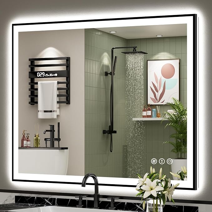 48x40 Black LED Bathroom Mirror, Backlit & Front Lit Lighted Mirror | Metal Framed Anti-Fog Vanity Mirror with Lights, 3 Color Dimmable, Memory, Tempered Glass, CRI95, IP54, Horizontal/Vertical
