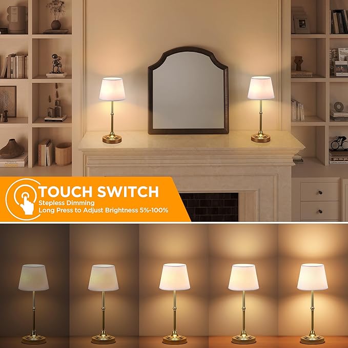 LUTEC 2 Pack Cordless Table Lamp, Battery Operated Lamp with 3 Color Temps and Stepless Dimming, 5200mAh Portable Rechargeable Table Lamp for Restaurant/Bedroom/Bars/Outdoor (Brushed Gold)