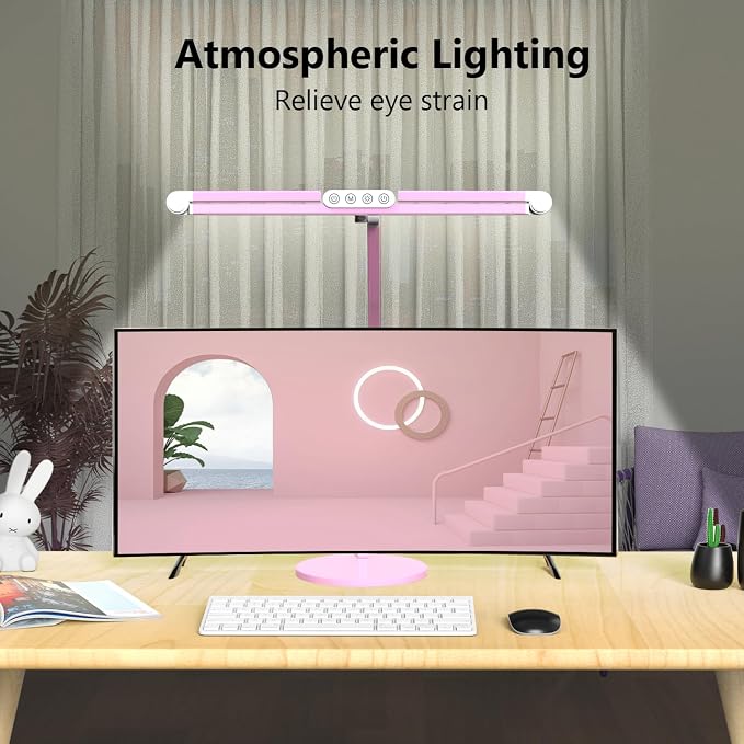 Led Desk Lamp with Base, Adjustable Tall Architect Desk Light for Home Office with Flexible Swing Arm, 24W Pink Bright Table Lamp Auto Dimming Computer Light for Workbench