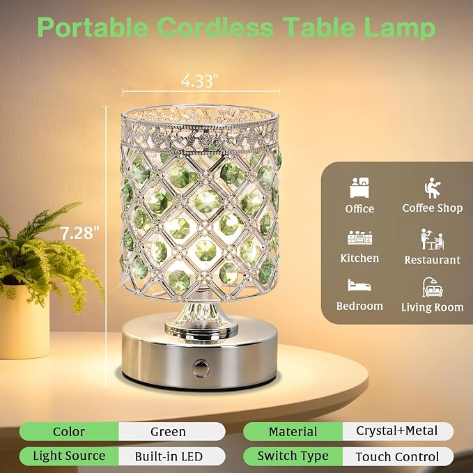 Green Crystal Rechargeable Cordless Table Lamp, Touch Small Desk Lamp | 6000mAh Battery, 3 Color Temps, Stepless Dimming, USB Charging, Portable Wireless Night Light for Bar Bedroom Living Room