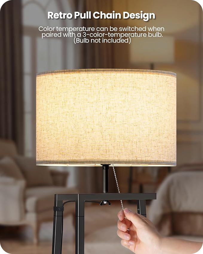 Floor Lamp with 3-Tier Storage Shelves, Standing Floor Lamp with Pull Chain Switch, Shelf Floor Lamp for Living Room, Bedroom, Office,Bulb Not Included, Rustic Brown and Beige FE34LD05