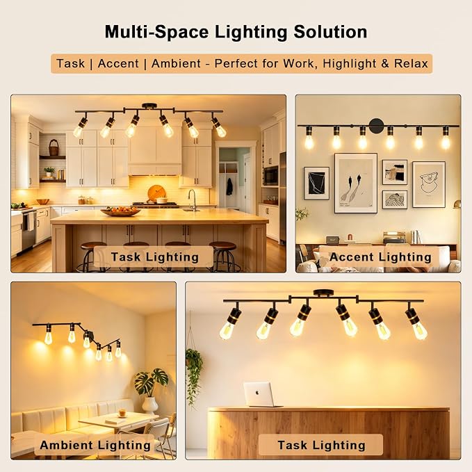 HiBay 6-Light Track Lighting, Rotatable Ceiling Spotlight, Black Gold, E26 | 6 heads for a living room or open space, adjustable black-gold design aims light where needed, E26 base for your own bulbs