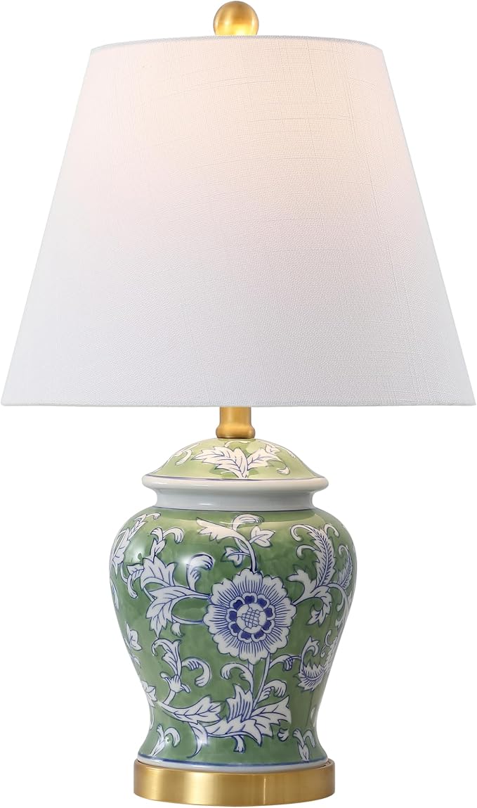 JONATHAN Y Penelope Ginger Jar 22" LED Table Lamp, Green/White | Chinoiserie, Ceramic Metal Construction, French Country Traditional, Linen Empire Shade, Brass Gold, LED Bulb Included