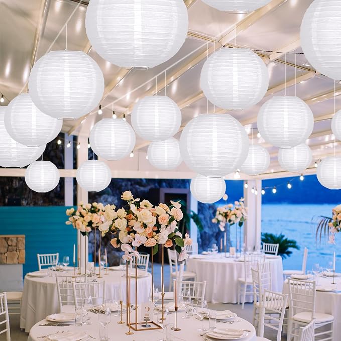 21-Pack White Paper Lanterns, Hanging Round Party Decorations | Reusable Indoor & Outdoor Decor for Graduation, Wedding, Birthday, Baby Shower, Classrooms & Photo Backdrops
