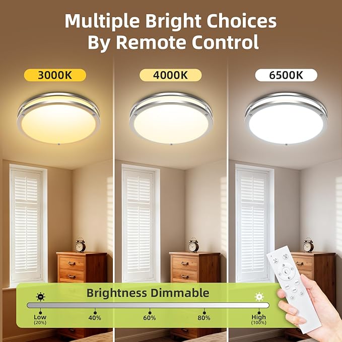 hepside Flush Mount LED Ceiling Light with Remote, Dimmable& 3000K-6500K Adjustable Ceiling Light Fixture, Timer, Night light, 13 inch Brushed Nickel Ceiling Lamps for Kitchen Bathroom Bedroom Hallway