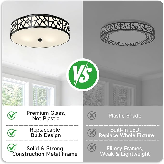 Black Flush Mount Ceiling Light, 3-Light Farmhouse Light Fixture with Frosted Glass Shade for Bedroom, Hallway, Kitchen, 16 Inch