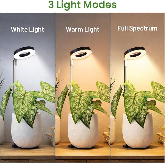 LBW Grow Lights for Indoor Plants, Full Spectrum Halo Grow Light with Base | 48 LEDs Plant Light for Small Plant, Base/Soil Stake, 7.8-26" Adjustable, 6/8/12/16H Timer, 3 Color Mode, 5 Brightness, Black