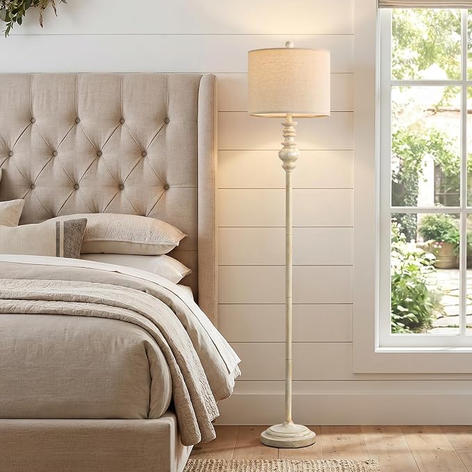 BOBOMOMO 64.25" Farmhouse Floor Lamp with Remote, Dimmable Floor Lamp with Adjustable Color Temperatures, Antique White Floor Lamp with Gold Accents for Living Room Corner, Bedroom, 9W Bulb Included