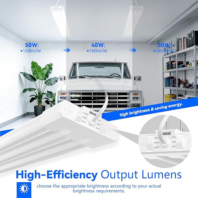 JESLED 4FT LED Shop Lights, 4000K/5000K/6500K Selectable, 30W/40W/50W Adjustable, 5400-7500LM, Commercial Linkable Utility LED Light for Garage, Plug and Play, Ceiling & Suspension Mount, ETL,2P