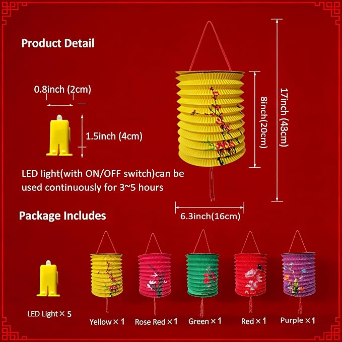 5PCS Paper Lanterns Chinese Japanese Paper Lanterns Japanese Decorative Hanging Paper Lanterns with LED Lights 6.3inch Colorful for Spring Festival Valentine Party Lunar New Year Decor (5)
