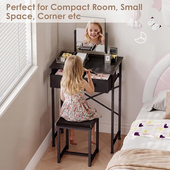 X-cosrack Black Small Vanity Desk with Mirror & Chair, 19.7" W Mini Vanity Desk Table Set with Fabric Storage Drawer for Kids, Girls, Teens, Dressing Table with Chair for Bedroom