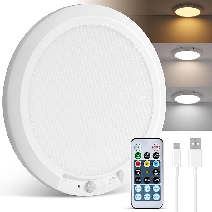 wowatt 10000mAh Rechargeable Ceiling Light, Battery Operated Ceiling Lights | 400LM, Wireless Magnetic Overhead Lights with Remote, Motion Sensor, 3 Color Changing, Dimmable Shower Lights for Bathroom
