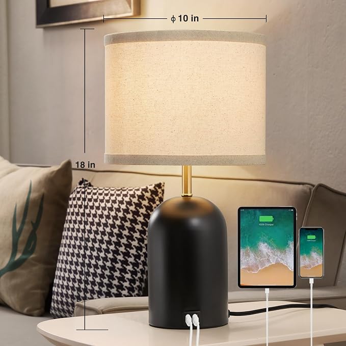 Touch Control Table Lamps Set of 2, Modern Bedside Lamp with 2 USB Ports, Dimmable Gold and Black Nightstand Lamp with Fabric Shade for Living Room Bedroom Office Dorm(LED Bulbs Included)