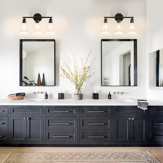 3-Light Black Modern Bathroom Vanity Light Fixtures, 17.3" | Glass Shade, For Bathroom Mirror, Kitchen, Living Room, Bath, Metal