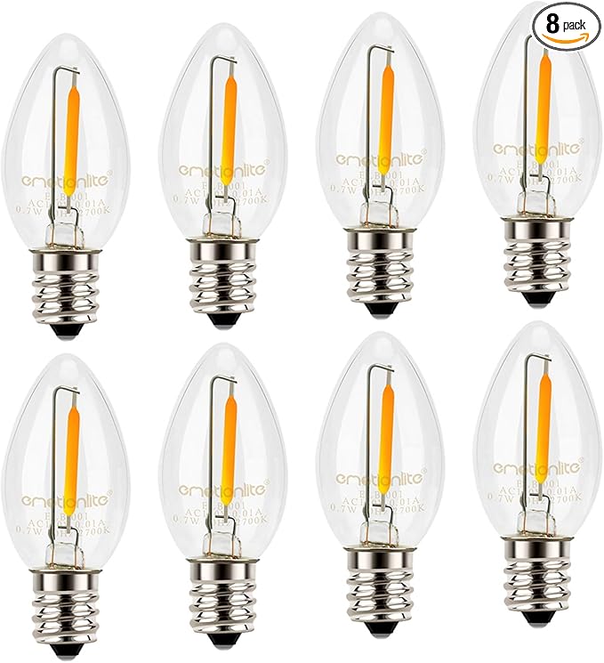 Emotionlite Night Light Bulbs, C7 Candelabra Bulb, LED Light Bulbs with E12 Chandelier Base, 0.5 Watt (4W 5W 6W 7W Incandescent Equivalent), 50LM, Warm White, 2700K, Clear, 8 Pack