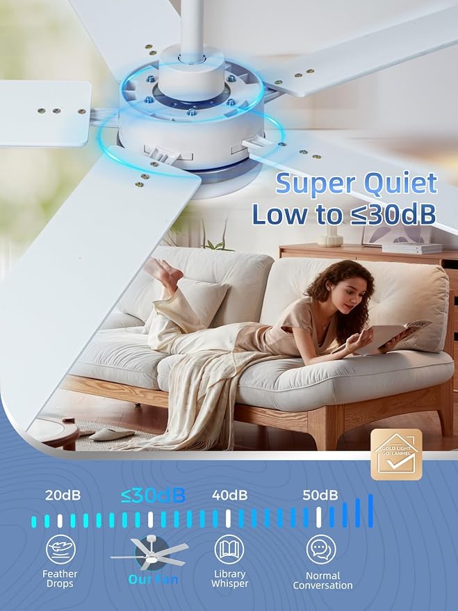LANMEL Metal Ceiling Fan with Lights and Remote, 52 Inch, Silver & White | Modern Low Profile Flush Mount, Reversible, 3CCT Dimmable, Quiet, LED, For Bedroom, Living Room, Indoor/Outdoor Patio Use