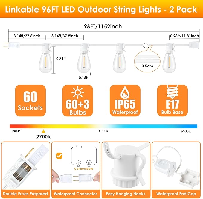 192FT(2x96FT) LED Outdoor String Lights, Linkable Patio Light with 60+3 2700K Waterproof Dimmable Hanging Bulbs for Pergola Cafe Wedding-White