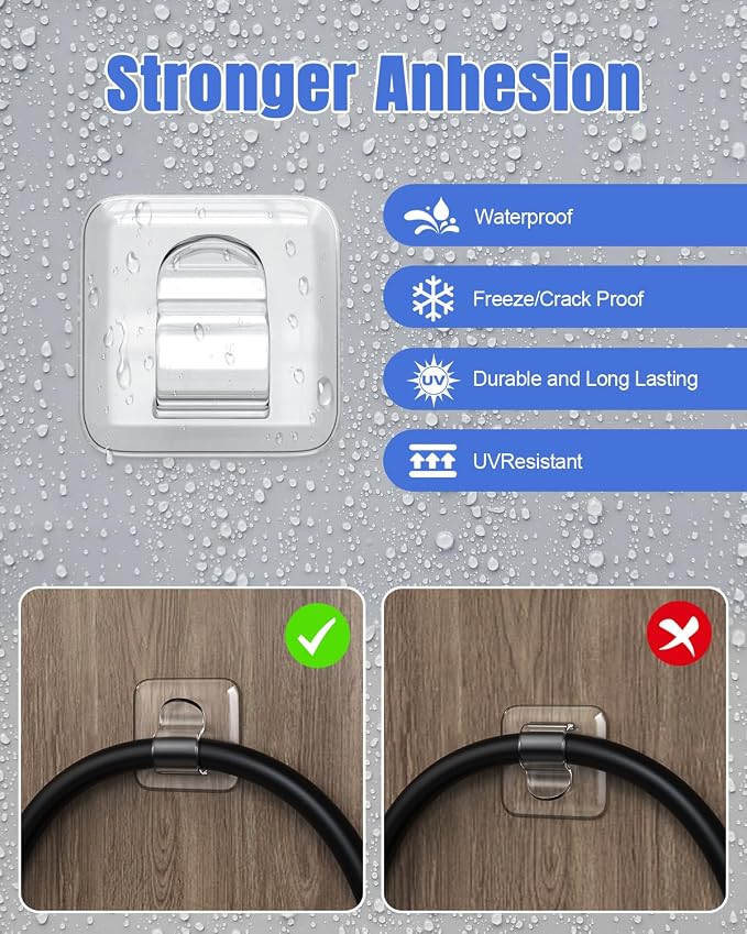 LZC 50 Pack Clear Adhesive Strips Hooks for Outdoor String Lights Clips | Large Square Heavy Duty Waterproof Sticky Light Hook Outside Hanging Rope Christmas Light Cable Cord Holders Organizer