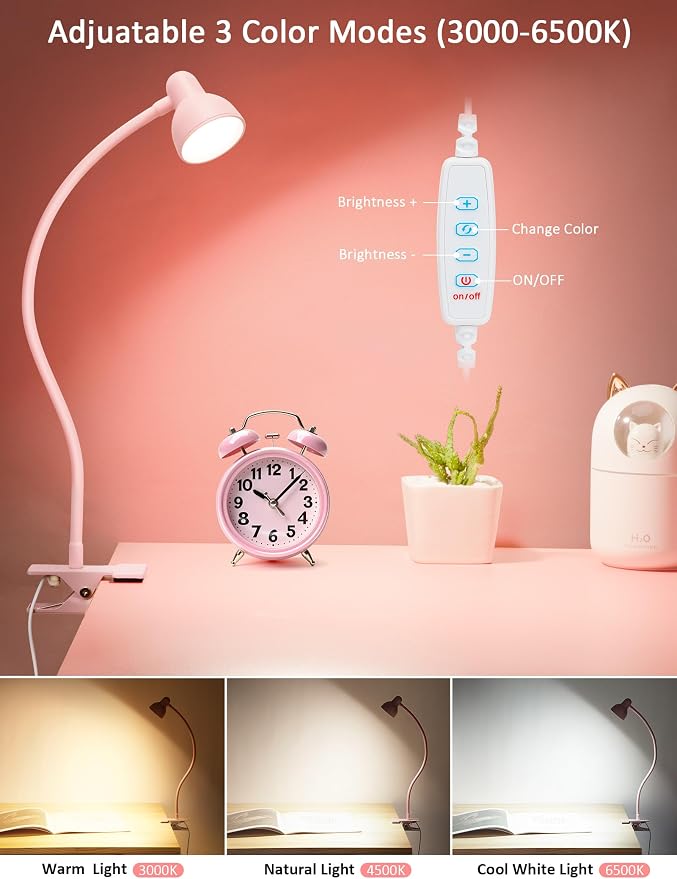 Pink Small Desk Lamp Clip on Reading Light for Bed 3 Colors | 10 Brightness Dimmable Flexible Gooseneck Clip on Light for Bed Headboard College Dorm Room