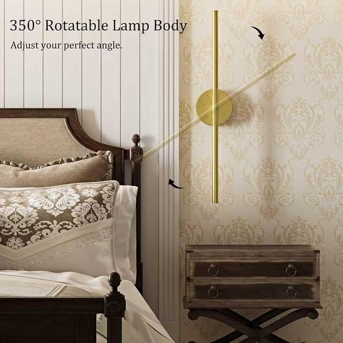 40" Battery Operated Wall Sconce Set of 2, 350° Rotating Lamp, Gold | Wireless, 8000mAh Rechargeable Battery, Stepless Dimming, 3000K-6000K, Remote & Touch Control, Timer, Living Room, Bedroom