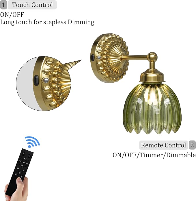 Battery Operated Wall Sconce, Vintage Wall Light, 2 Pack, Green Tulip Glass | Gold Metal Base, 5200mAh Rechargeable, Dimmable LED, Remote Control, Cordless, Bedside, Bedroom, Doorway, Living Room
