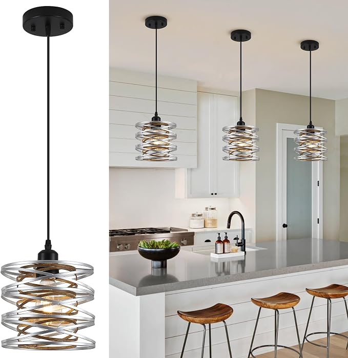 Pendant Lights Kitchen Island, Kitchen Hanging Light Fixtures Wood Grain Metal Lighting for Dining Room Bedroom Bar Office Entryway Hallway, Industrial Silver, 1 Pack