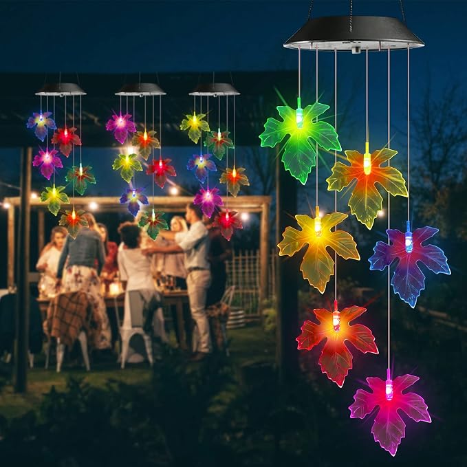 Toodour Solar Wind Chimes, Color Changing Maple Leaf Wind Chime | LED Mobile Wind Chimes, Waterproof Outdoor Wind Chime Lights for Garden, Patio, Party, Window, Thanksgiving