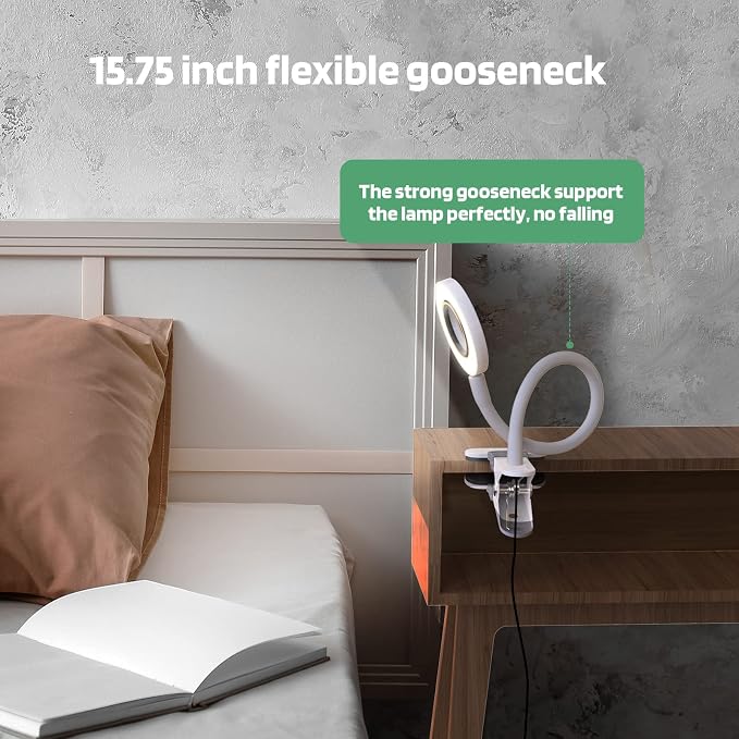 Glorious-LITE Clip on Light 36 LED Eye Caring Reading Light for Bed White | 360° Flexible Gooseneck, With 4 Color Modes, Dimmable Book Light for Bed, Desk, Headboard, USB Powered, With 59inch USB Wires