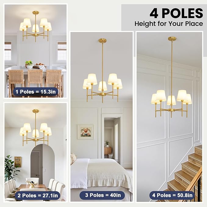 Dining Room Chandeliers Light - 5-Light Gold Modern Chandeliers Light Fixtures with White Fabric Shade, Height Adjustable Pendant Island Light for Entryway Farmhouse