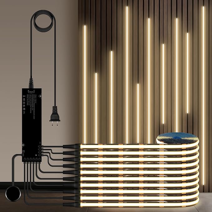 10PCs Touch Dimmable Under Cabinet Light 12V 3.3Ft Self-Adhesive 4000k | Black COB LED Strip Lights with 100W Adapter LED Recessed Lighting Kit for Wood Slat Wall Panels Headboards Shelf Home Decor