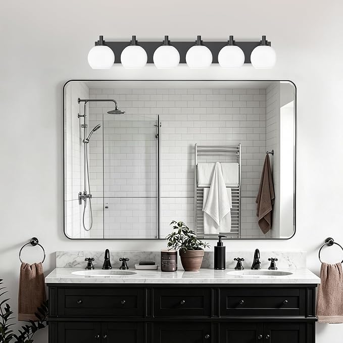 IZORRO Bathroom Light Fixtures, 6-Light Matte Black Vanity Light, Modern Wall Sconces with Globe Milk White Glass Shade, Vanity Lighting Fixtures Over Mirror,E26 Bulb Socket