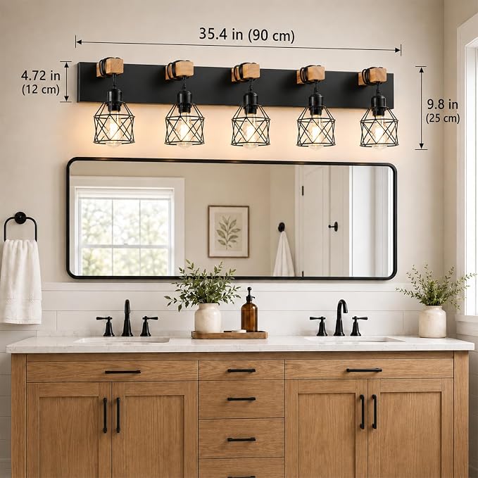 Farmhouse Vanity Light Fixture,5-Light Bathroom Lighting,Black Industrial Wood Wall Light Over Mirror with Metal Shade,LED Bulbs Not Included